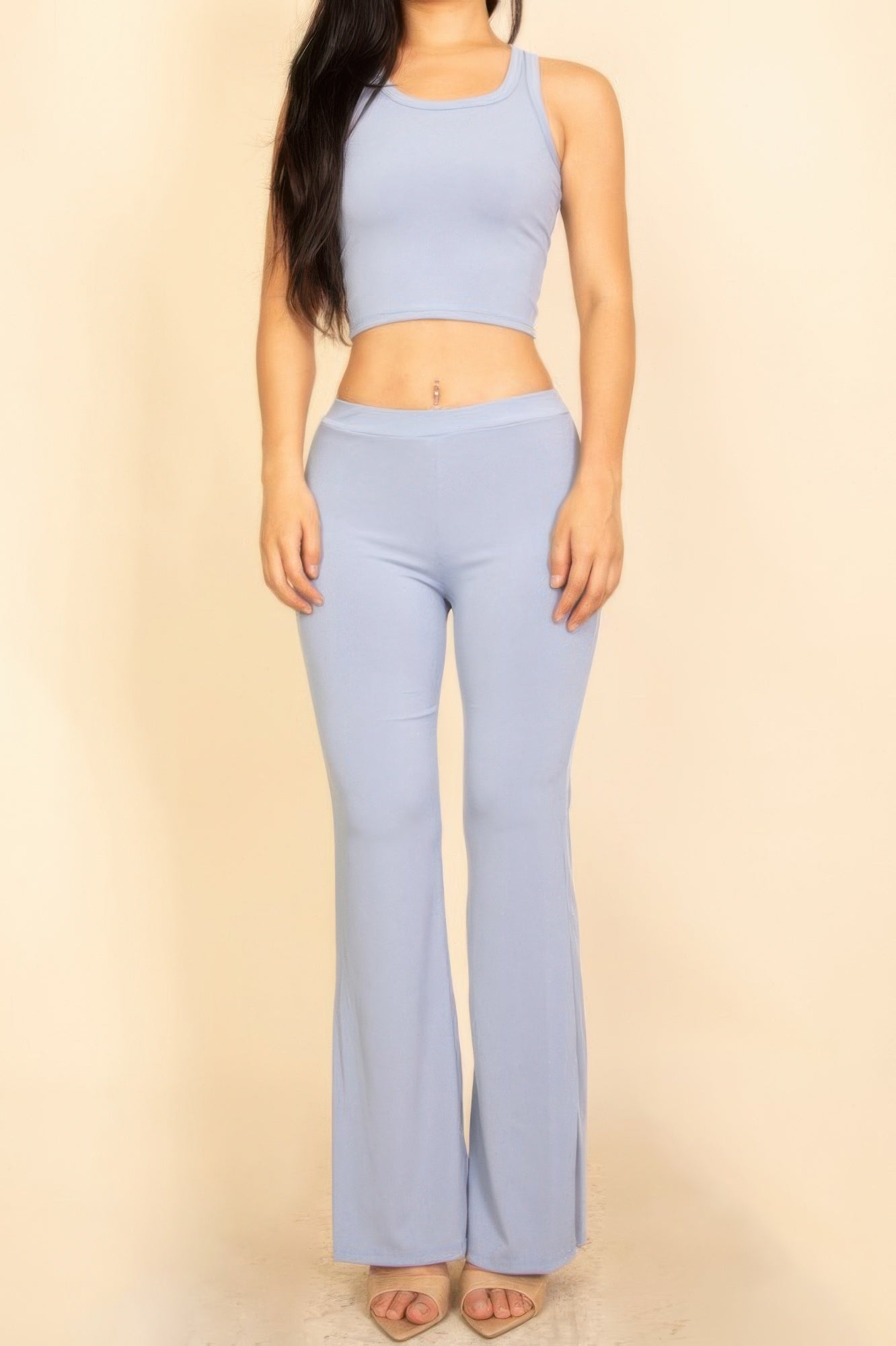 Cloud blue ribbed sleeveless crop top with matching flared pants