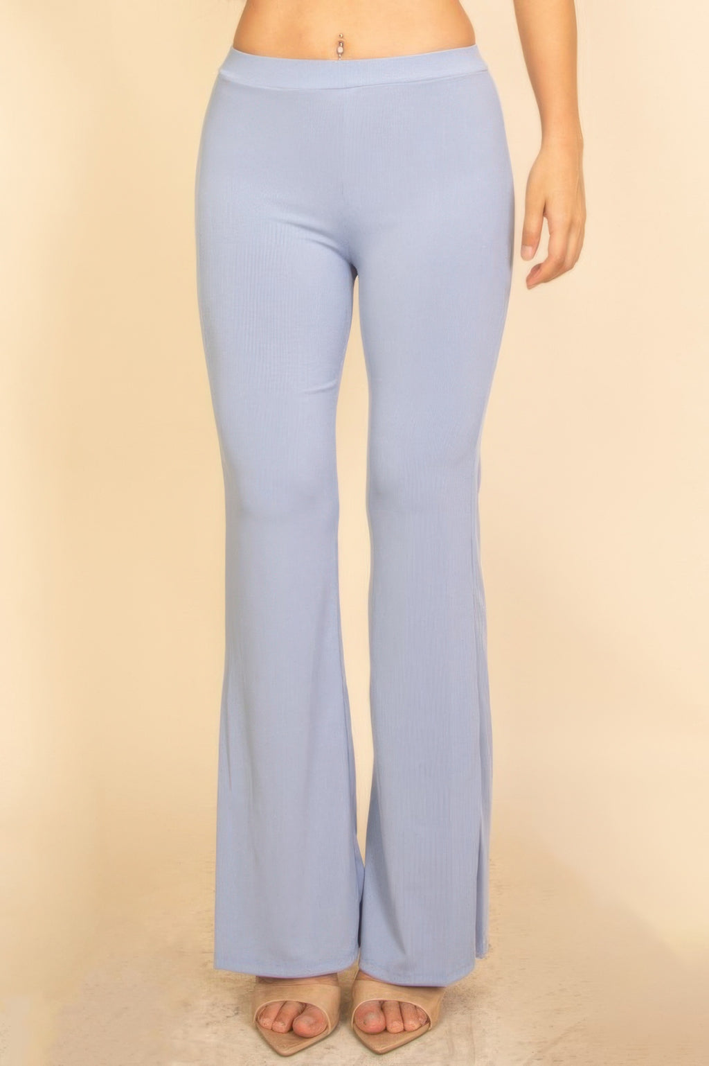 Cloud blue flared pants from ribbed set, close front view