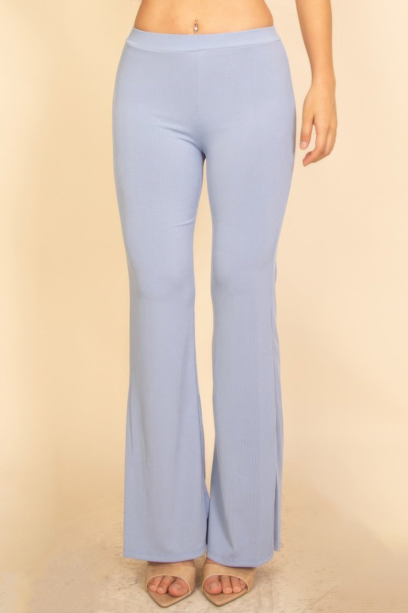 Cloud blue flared pants from ribbed set, close front view