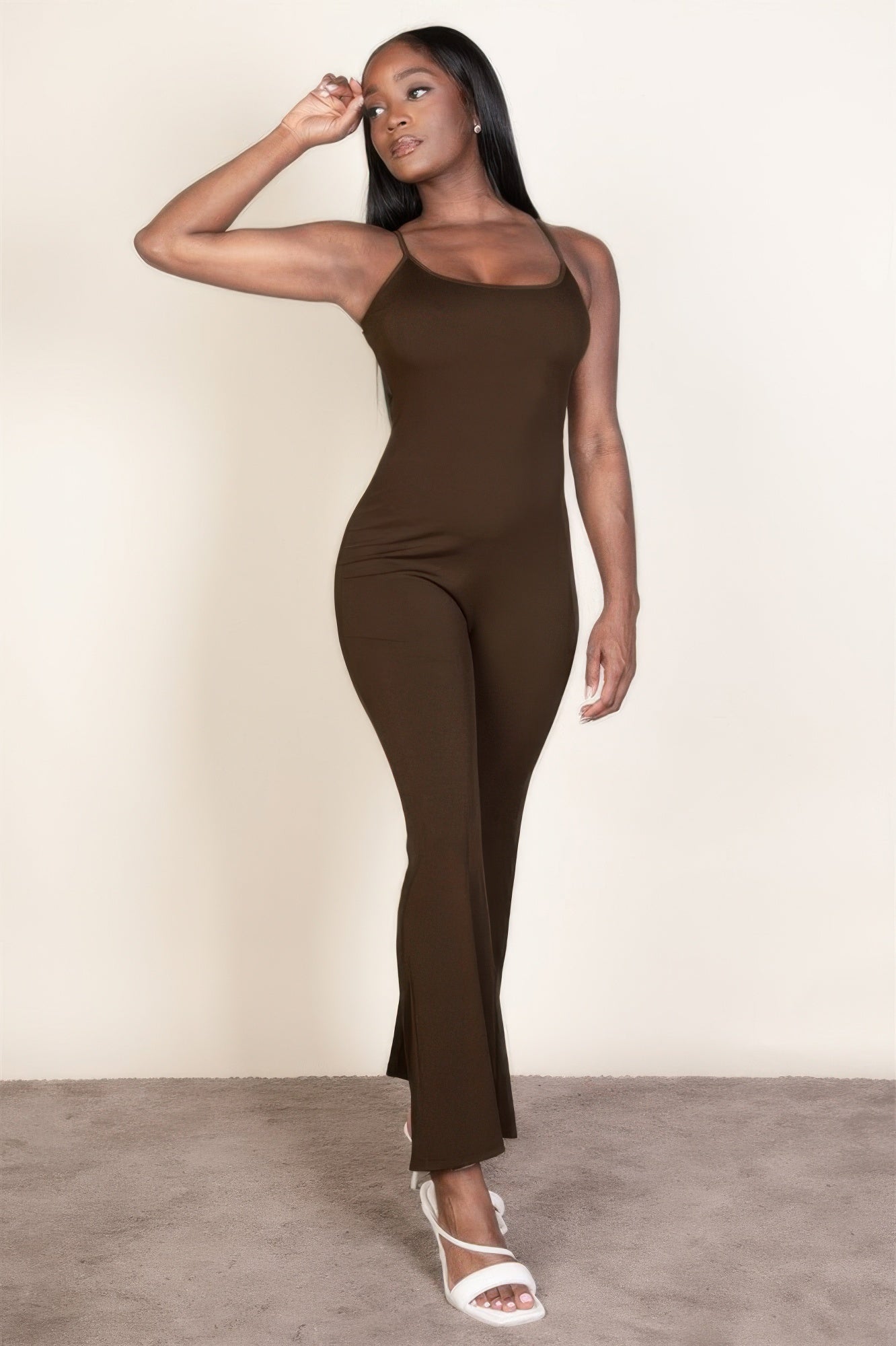 Coffee-brown ribbed sleeveless wide-leg jumpsuit with square neckline