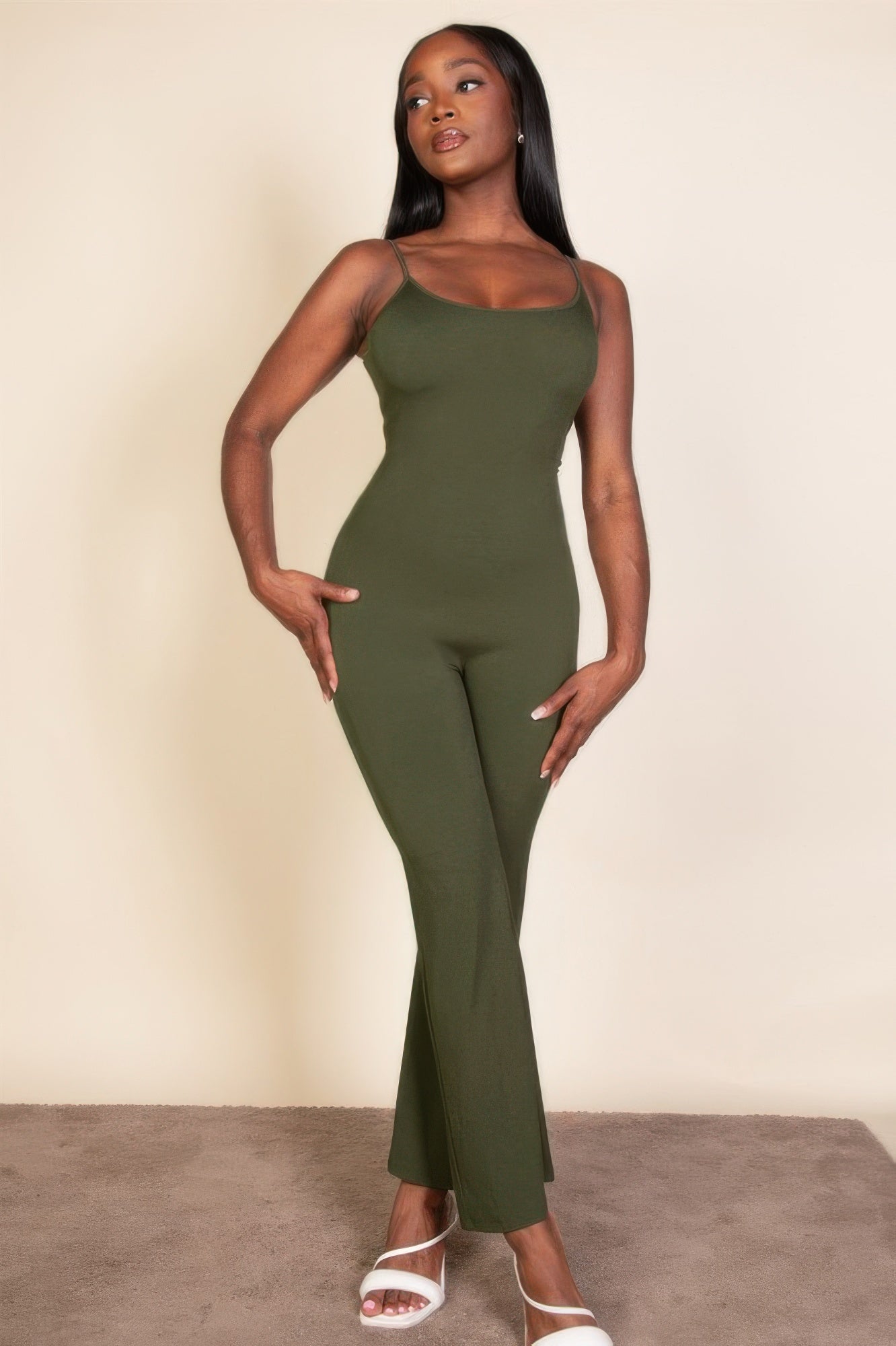 Olive green ribbed sleeveless wide-leg jumpsuit with square neckline