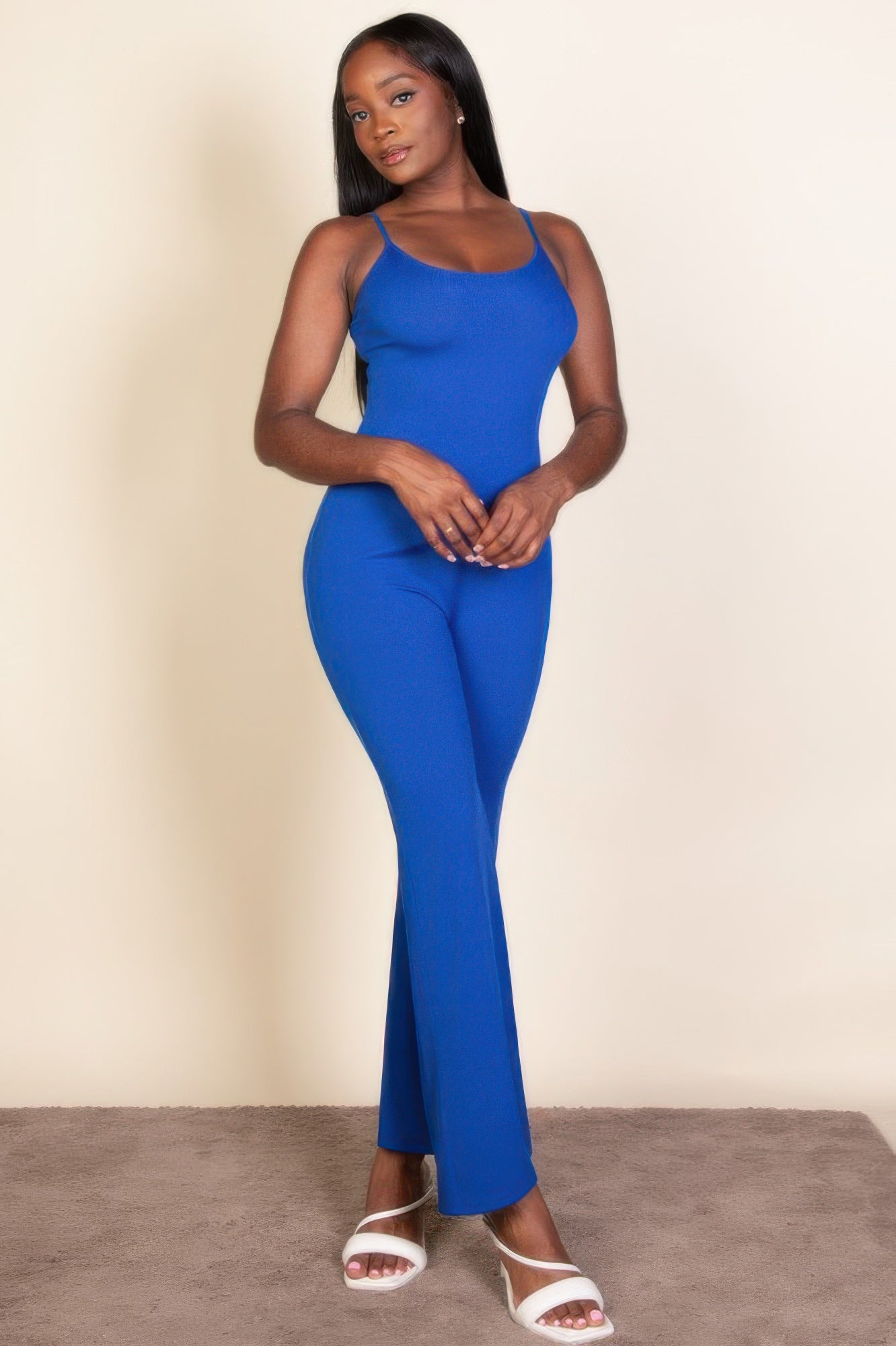 Royal blue ribbed sleeveless wide-leg jumpsuit with square neckline