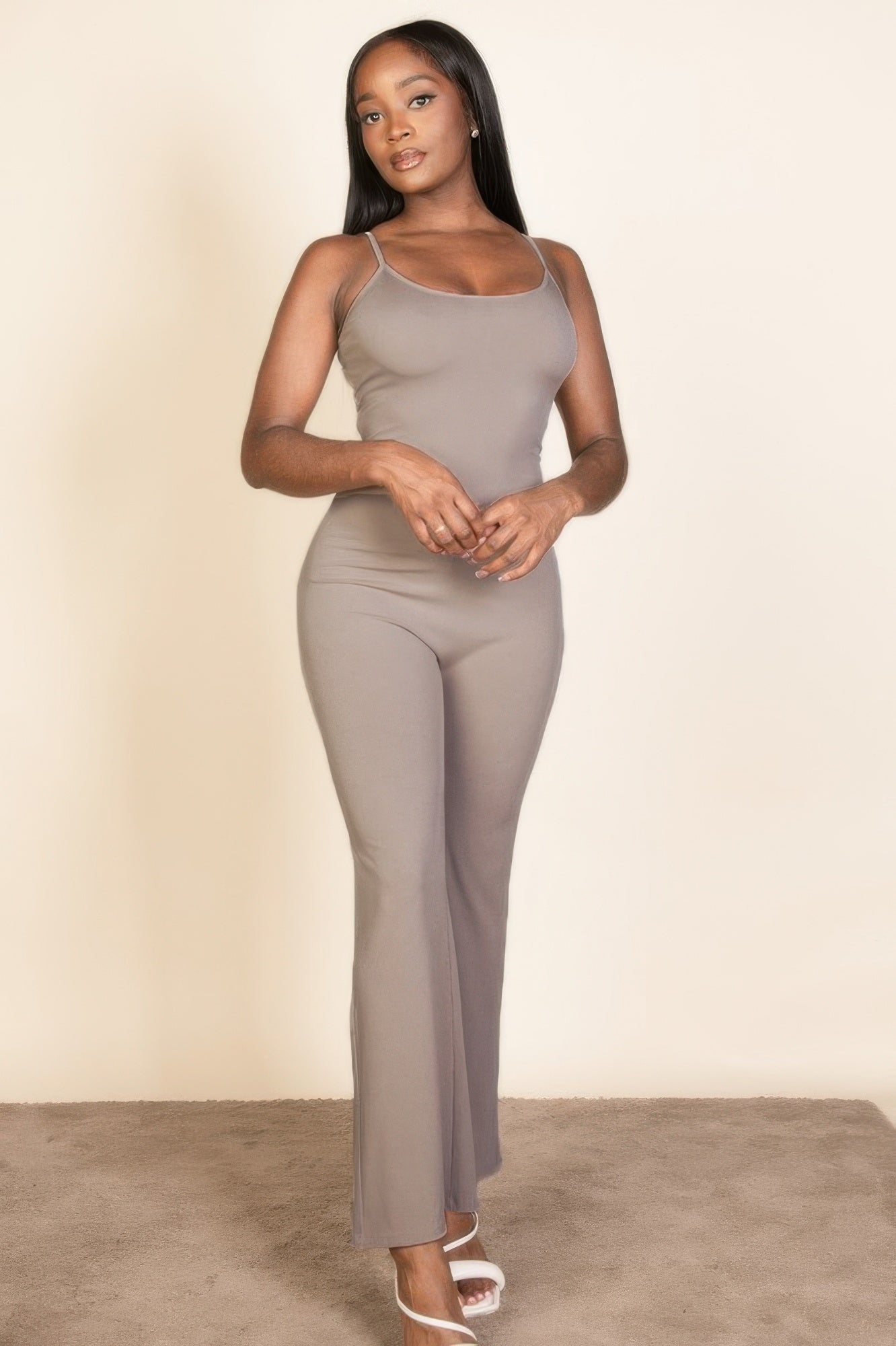 Taupe ribbed sleeveless wide-leg jumpsuit with square neckline