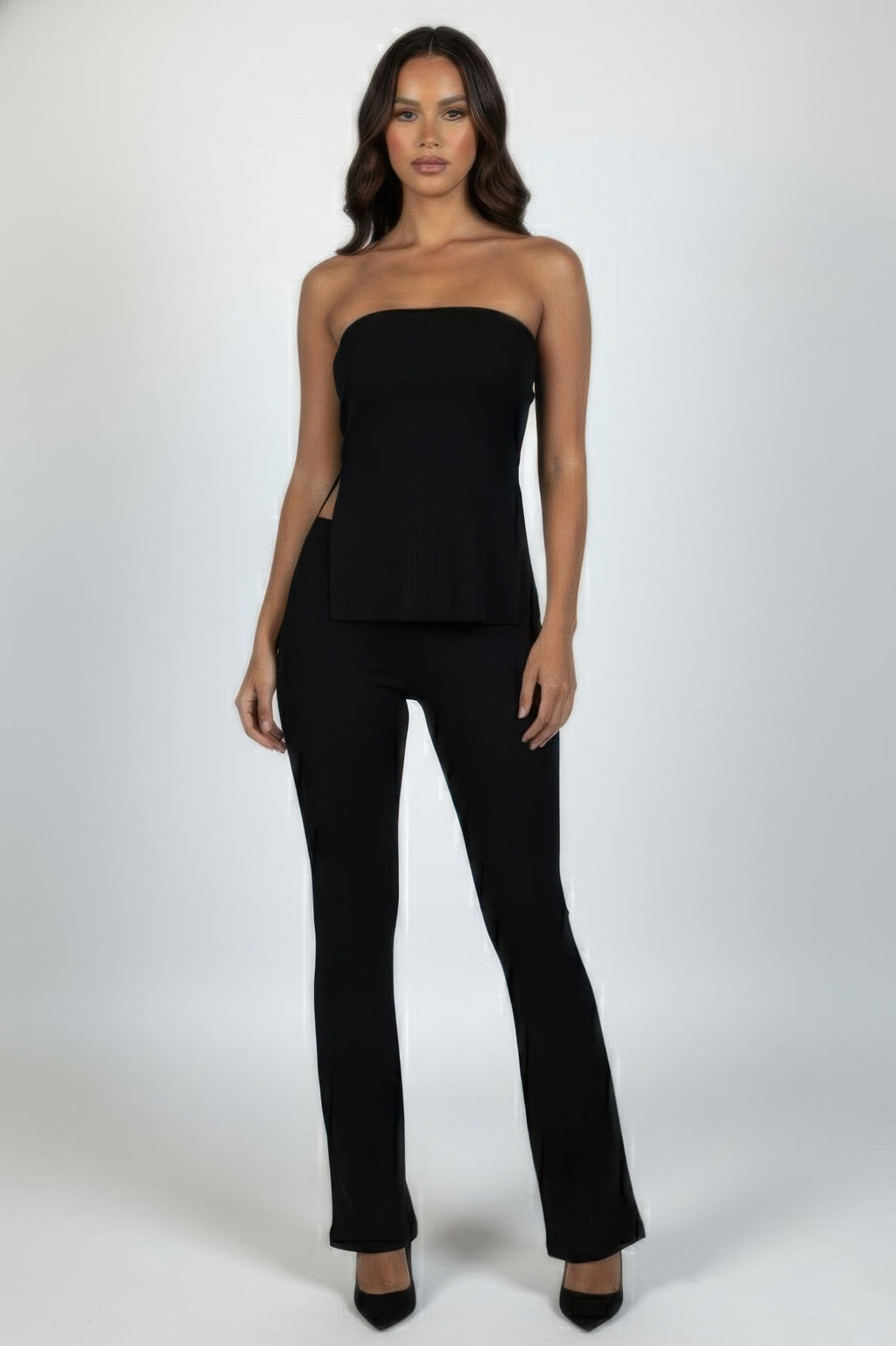 Black ribbed strapless tube top and high-waist flared pants set