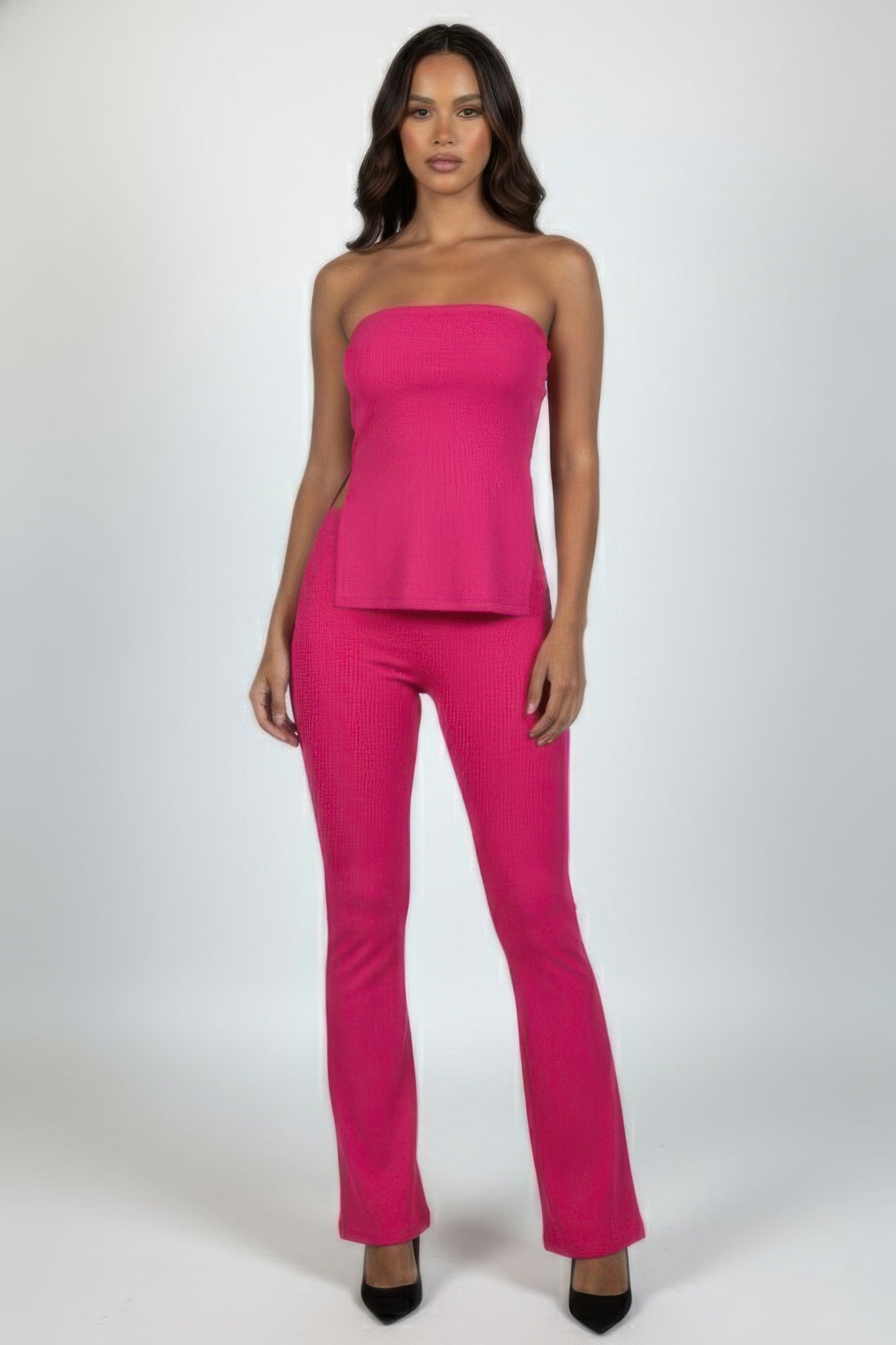 Fuchsia ribbed strapless tube top & high-waist flared pants set