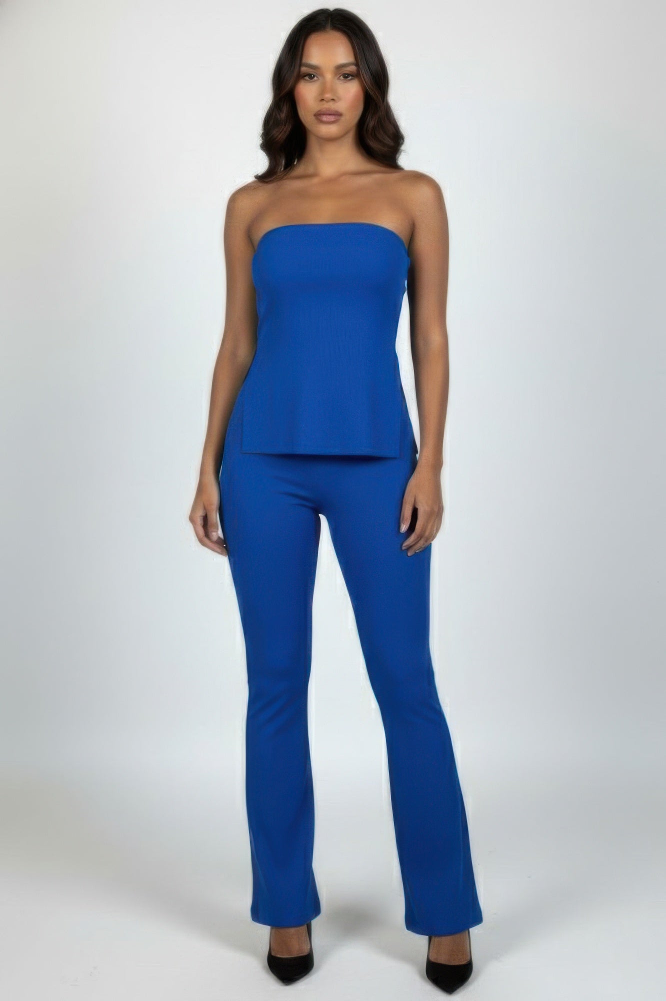 Royal blue ribbed strapless tube top & high-waist flared pants set