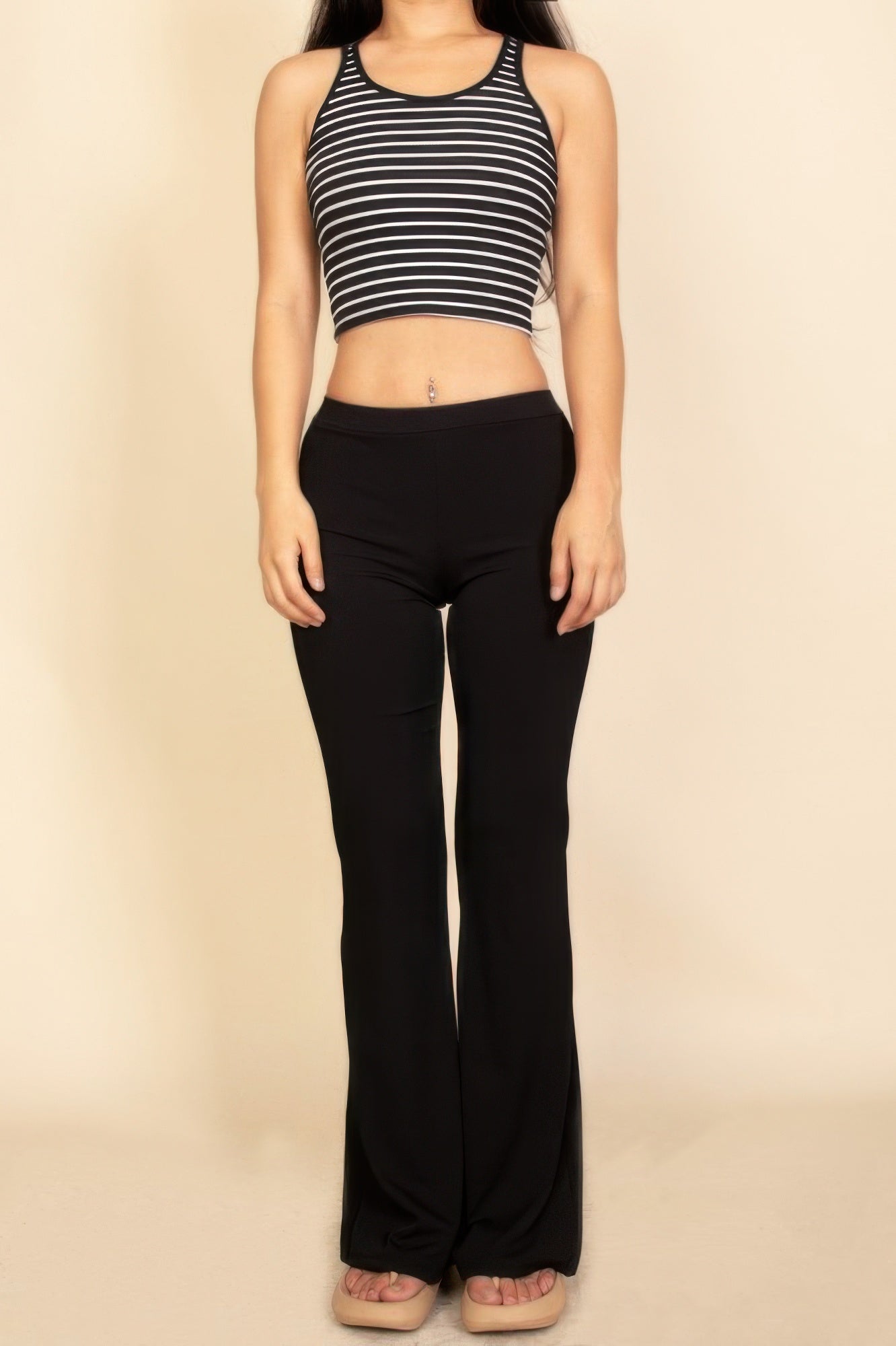 Black ribbed striped racerback crop tank top with high neck and thin straps