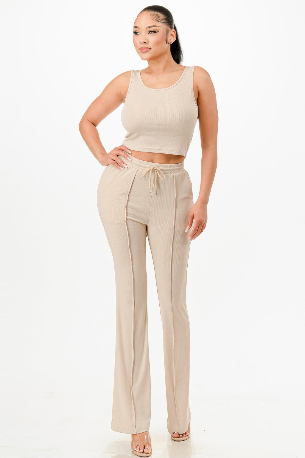 Ribbed tank top and flared pants set, beige, drawstring waist