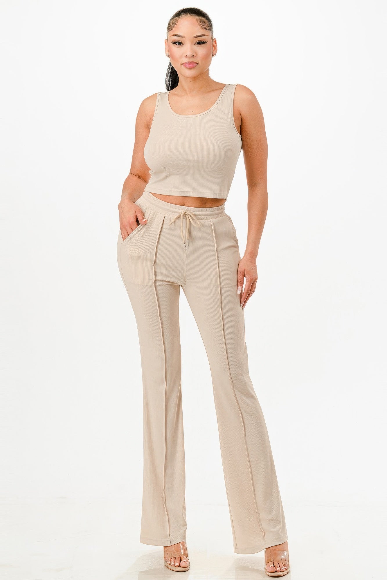 Ribbed tank top and wide-leg pants set, beige, front drawstring