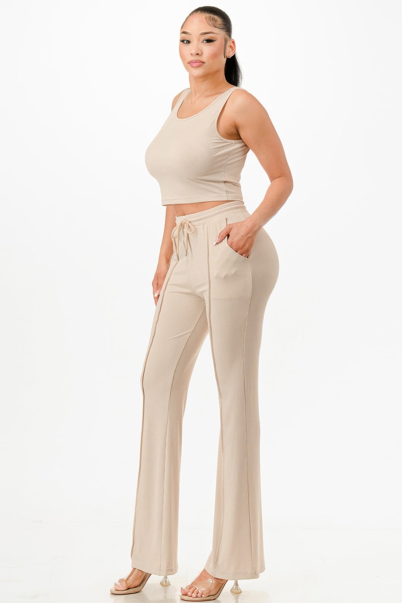 Ribbed crop tank and flared pants set, beige, sleeveless fit