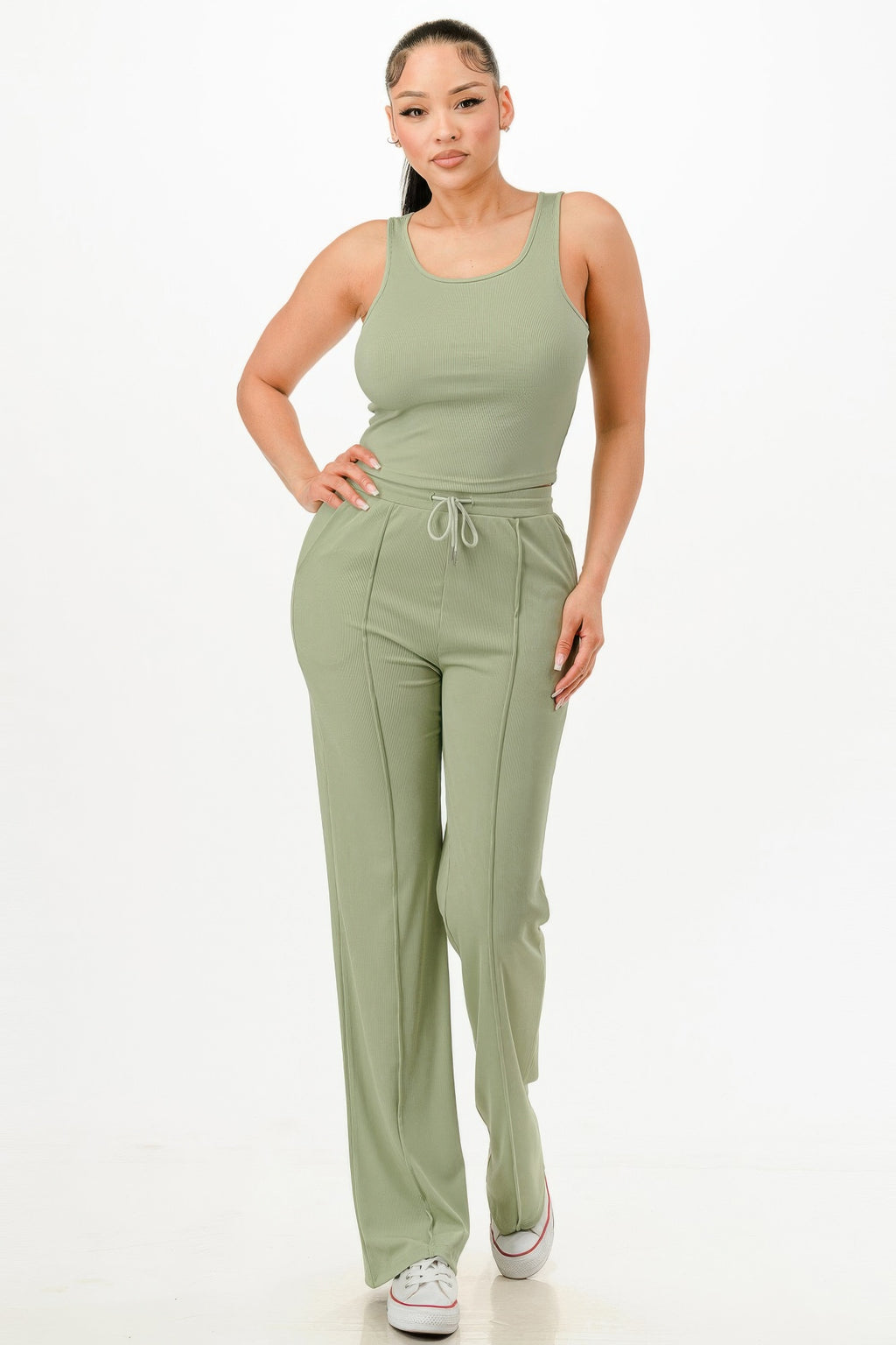 Rippel Tanktop- und Hose-Set, Olivgrün, Rundhalsausschnitt, Kordelzug