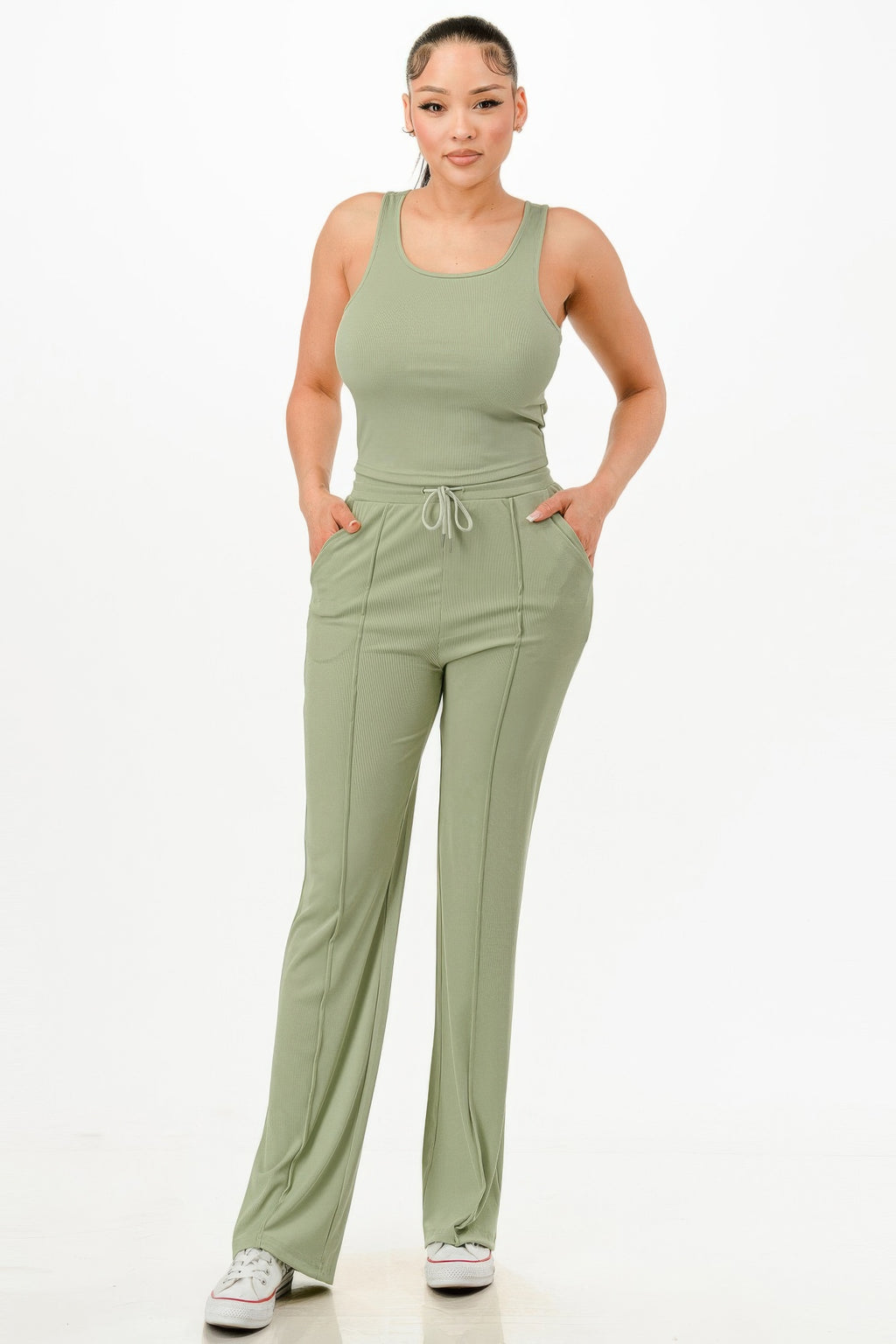 Rippel Tanktop- und Hose-Set, Olivgrün, gerader Beinverlauf, Kordelbund
