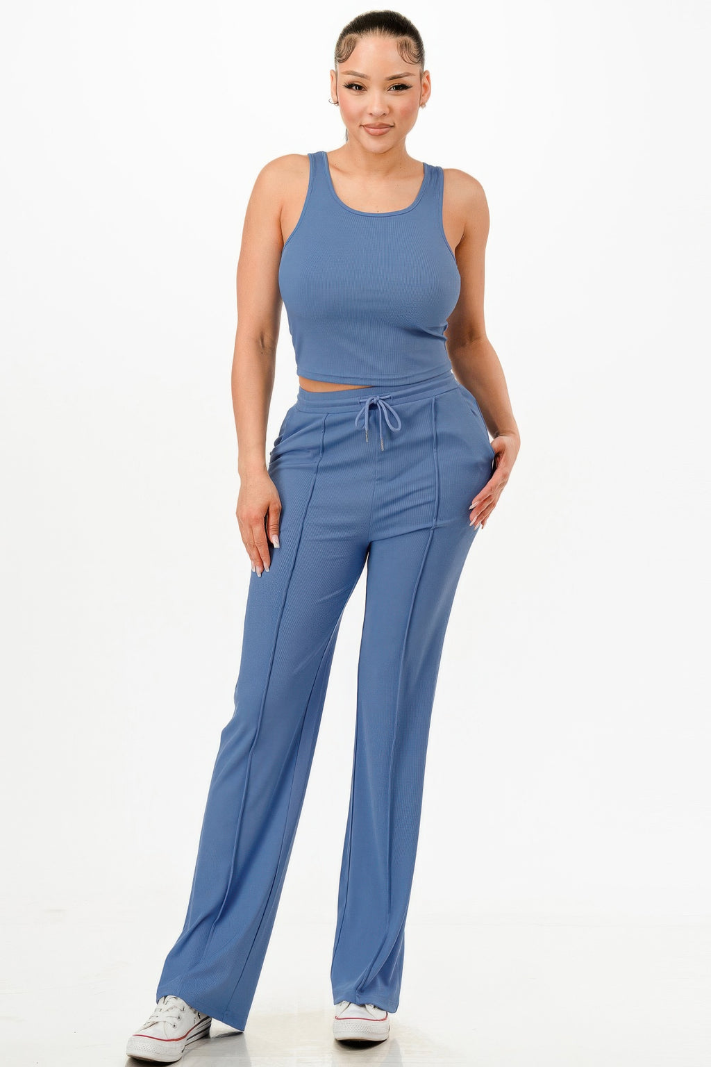Ribbed tank top and wide-leg pants set, blue