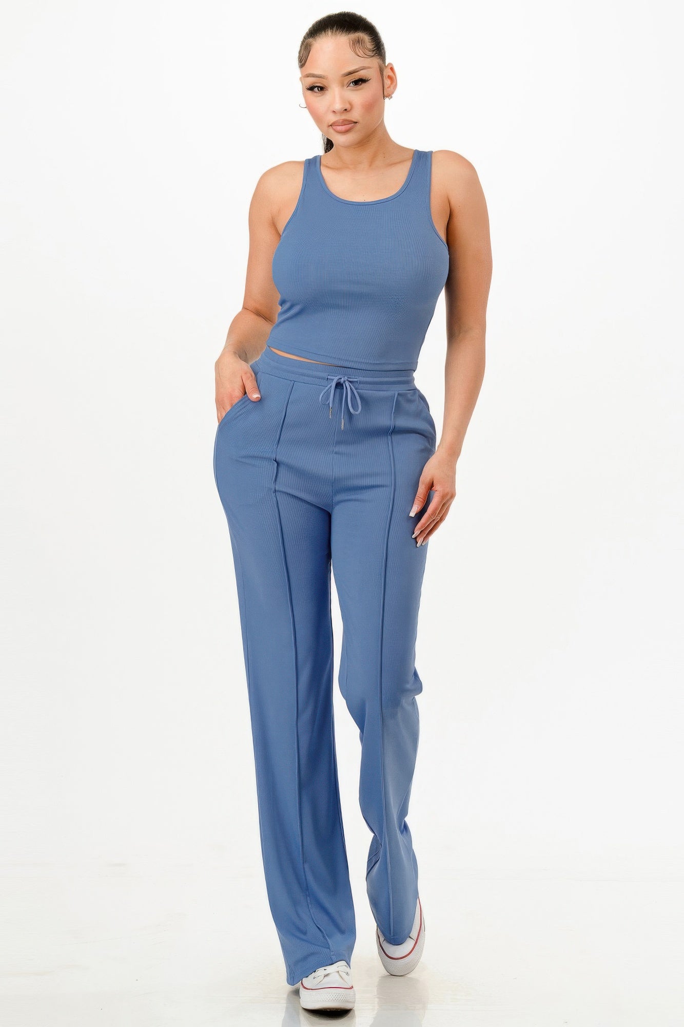 Ribbed sleeveless tank and drawstring waist pants set, blue
