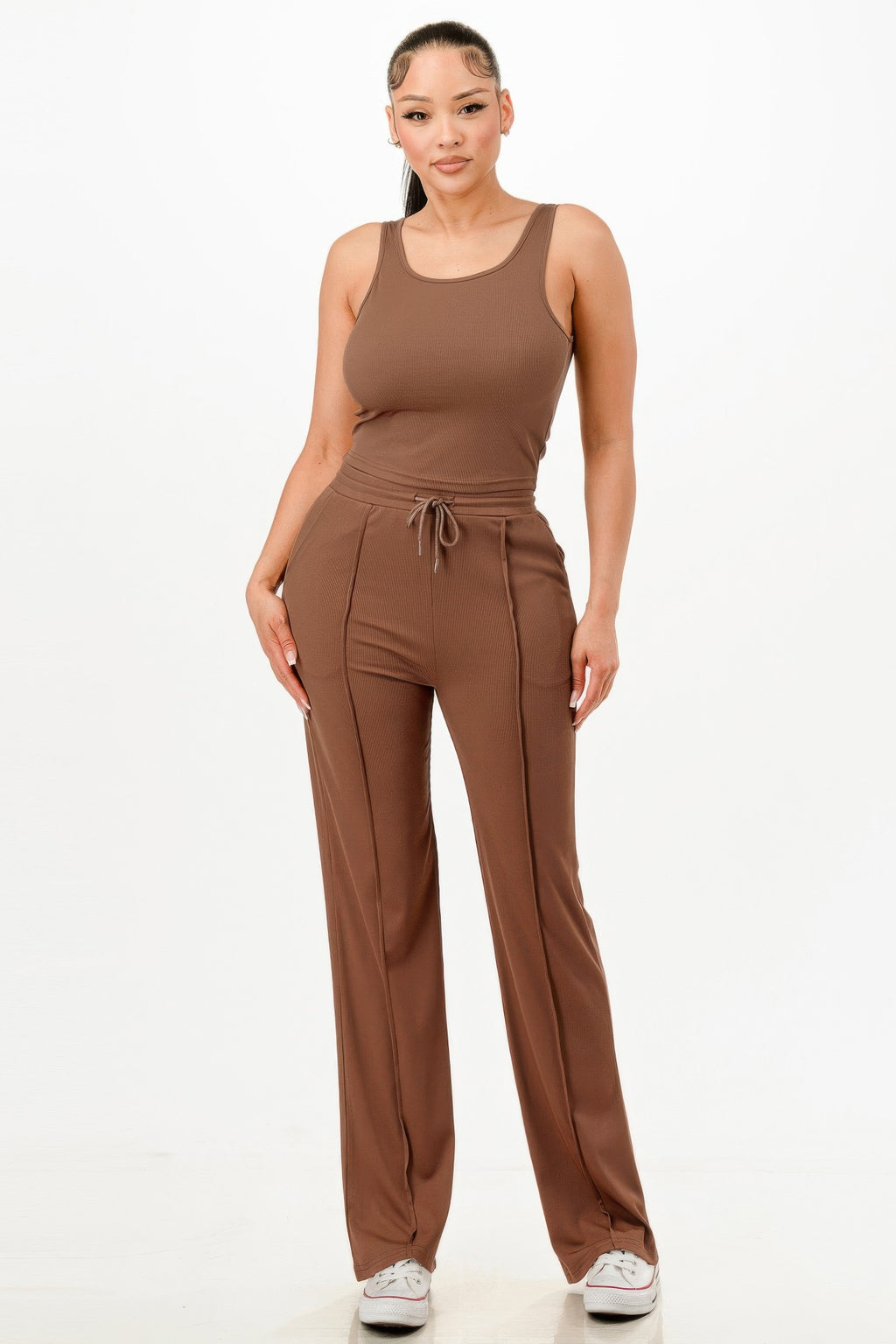 Ribbed tank top and wide-leg pants set, brown, drawstring waist