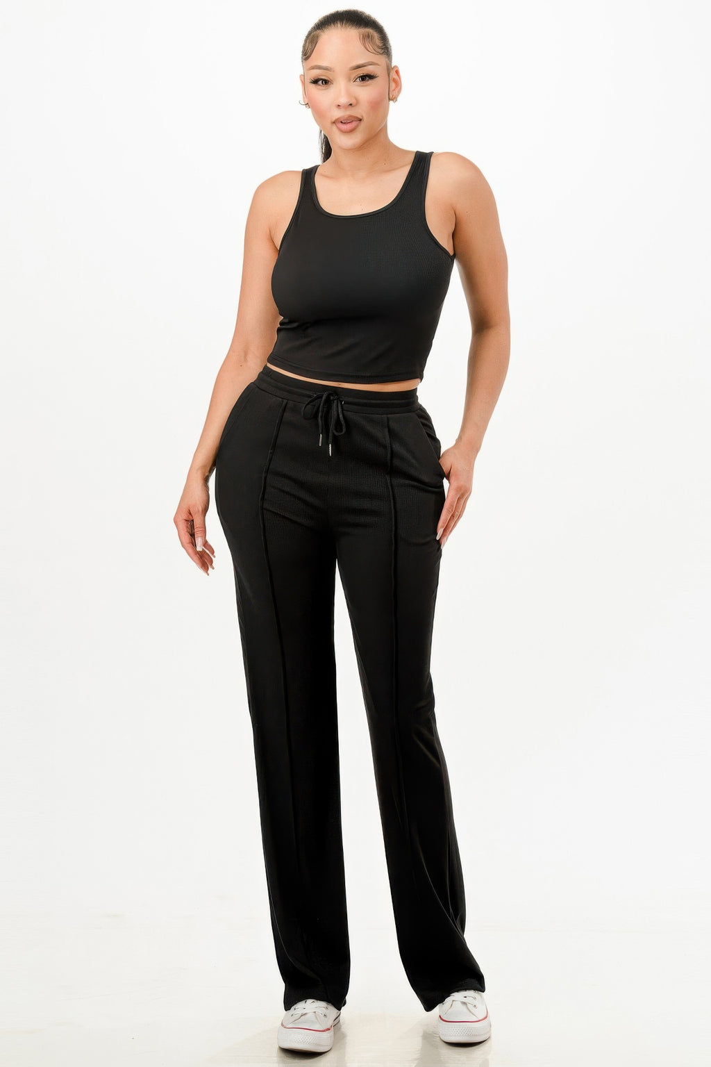Ribbed black tank top and drawstring wide-leg pants set