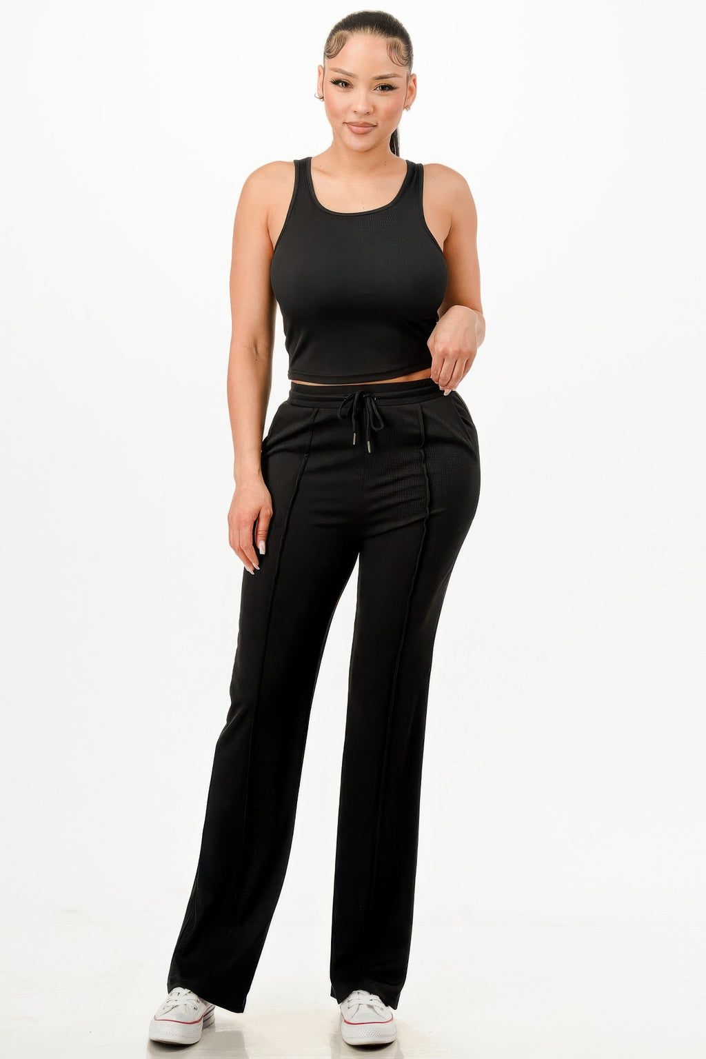 Ribbed tank top with black wide-leg pants, elastic waistband and drawstring
