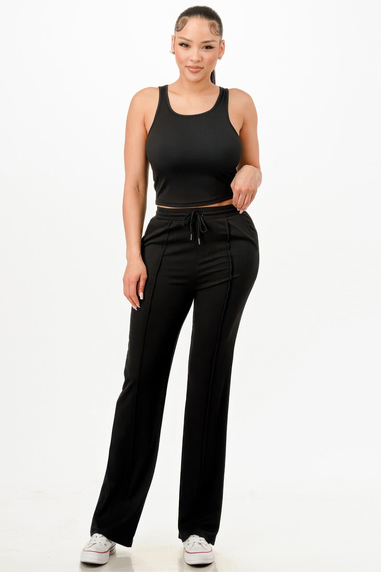 Ribbed tank top with black wide-leg pants, elastic waistband and drawstring