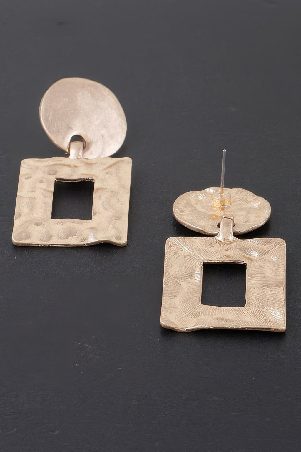 Gold-tone stud-top drop earrings with square cutout in hammered ripple frame