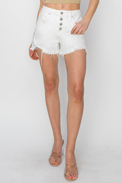 RISEN Button Fly Frayed Hem Denim Shorts - Tigbul's Variety Fashion Shop