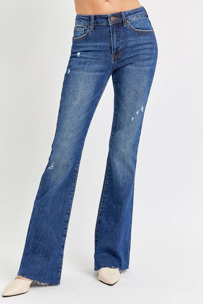 Dunkelblaue Mid-Rise Schlagjeans (Plus Size) mit Destroyed-Details