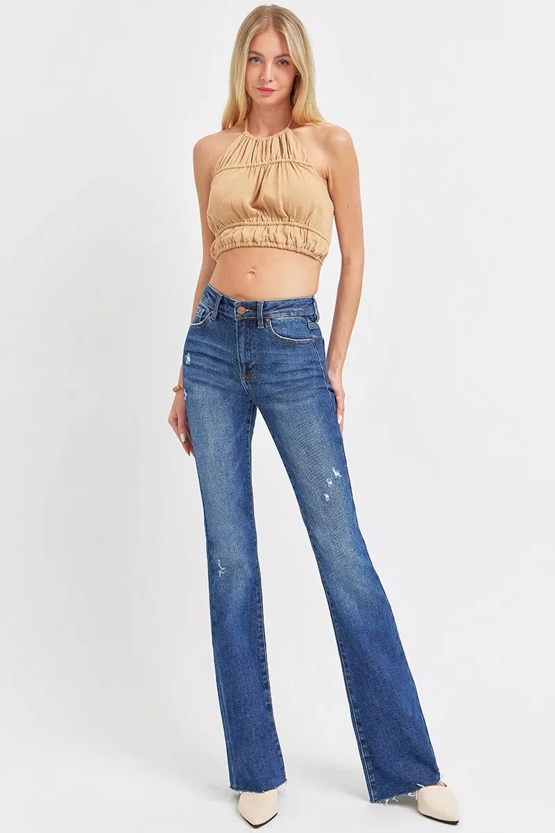 Blaue Mid-Rise Schlagjeans mit Destroyed-Details und fransigem Saum