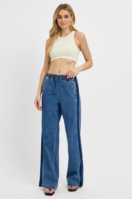 Trendsi Plus-Size Jeans mit Stretchbund und weitem Bein, mittelblau