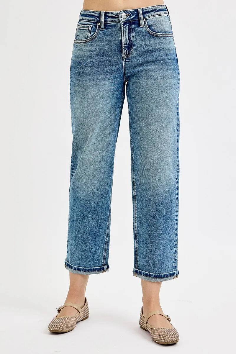 High-rise Crop Boyfriend Jeans, medium wash, Knopf- und Reißverschluss, 5 Taschen