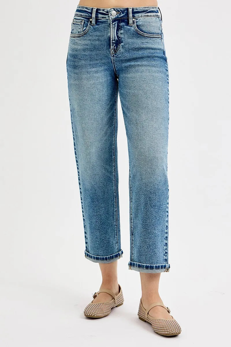 Boyfriend-Jeans im Medium-Wash, hohe Taille, gerade Beinform, Umschlag am Saum
