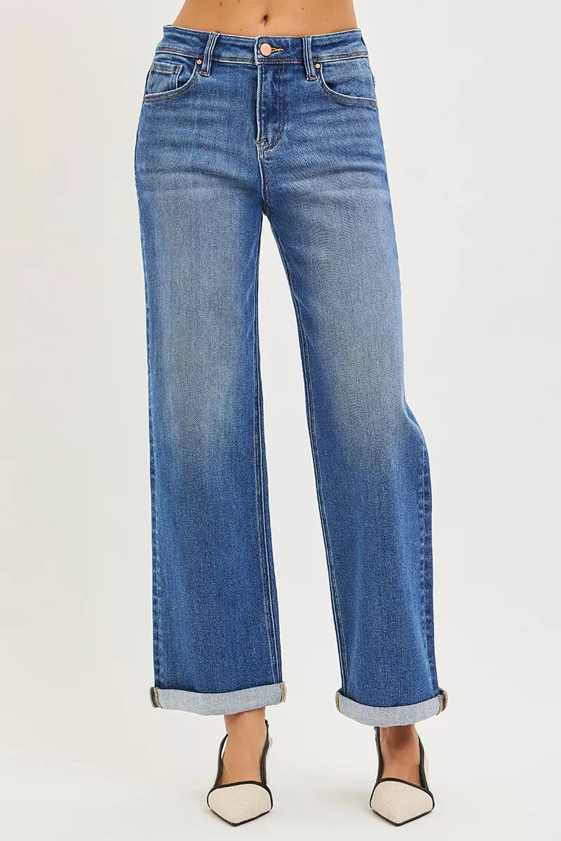RISEN Jeans Mid-Wash, High-Waist, gerade, weit fallend mit Knöchel-Umschlag