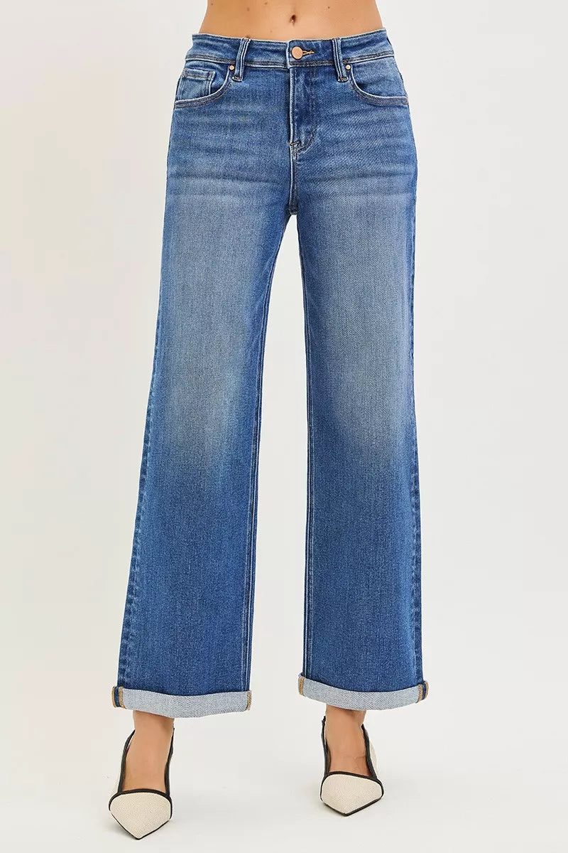 RISEN Jeans Mid-Wash, High-Waist, straight relaxed Beine, Knöchel-Saum mit Umschlag