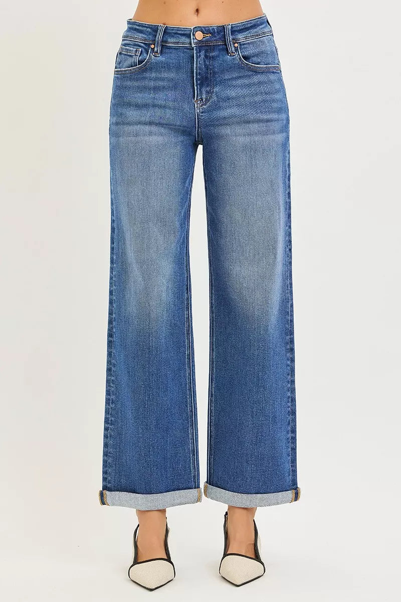 RISEN Jeans Mid-Wash, High-Waist, gerade weite Beinform, Knöchel-Umschlag am Saum
