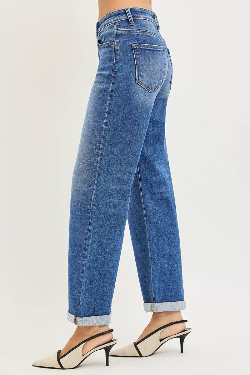 RISEN Jeans Mid-Wash, High-Waist, seitliche Nähte, gerade weite Beine mit Umschlag