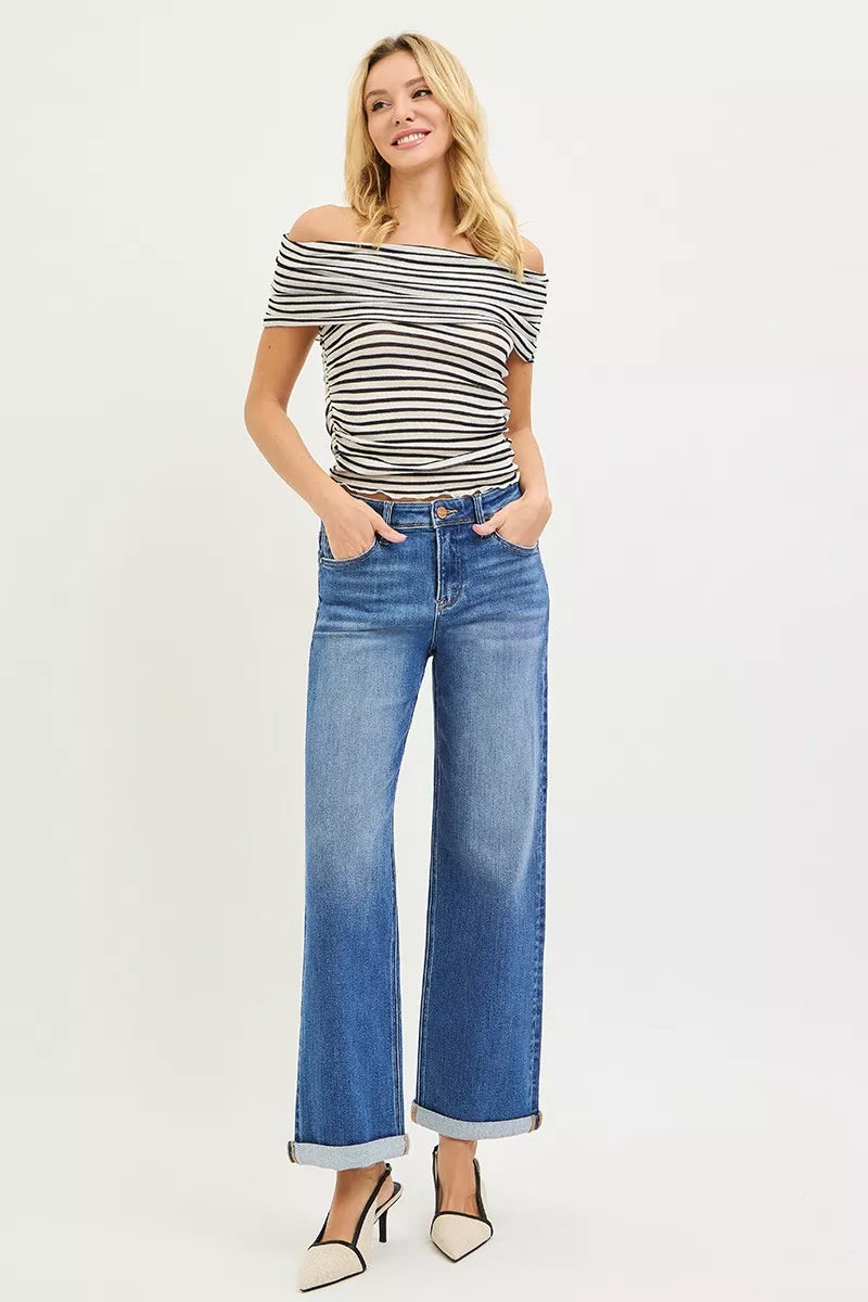 RISEN Jeans Mid-Wash, High-Waist, relaxed straight, umgeschlagener Knöchel-Saum