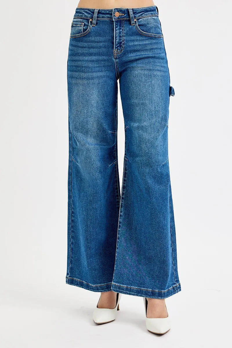 High-rise wide-leg jeans, dark wash denim, back patch pockets and center seam
