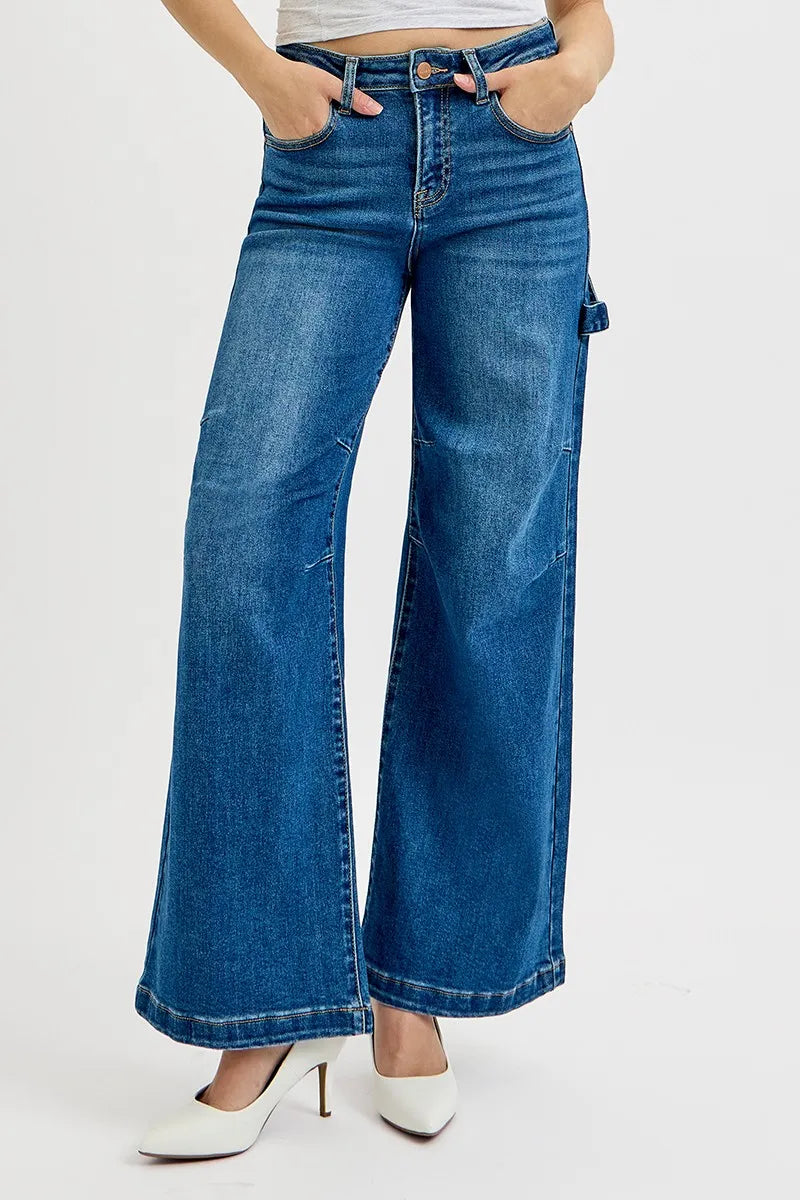 High-rise wide-leg jeans with side cargo-style pocket detail in dark denim wash