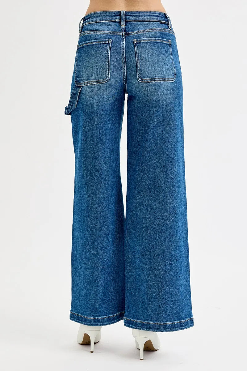 Back view high-rise wide-leg jeans with two patch pockets in dark denim wash