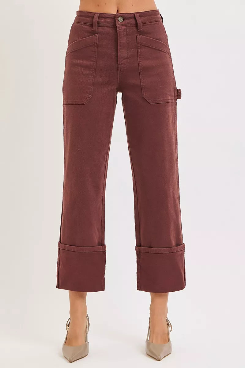Schokobraune High-Rise Wide-Straight Jeans mit Umschlag und Taschen vorne