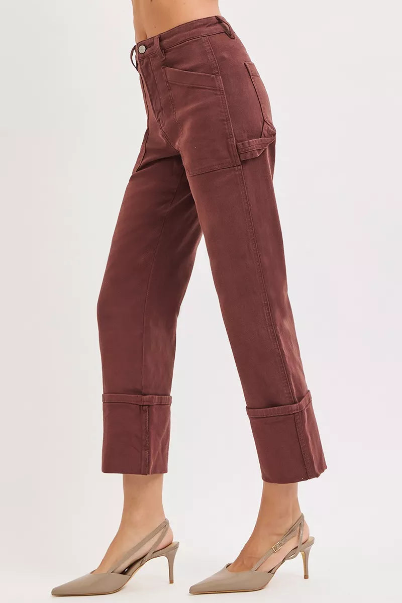 Schokobraune High-Rise Wide-Straight Jeans mit seitlicher Patch-Tasche und Umschlag