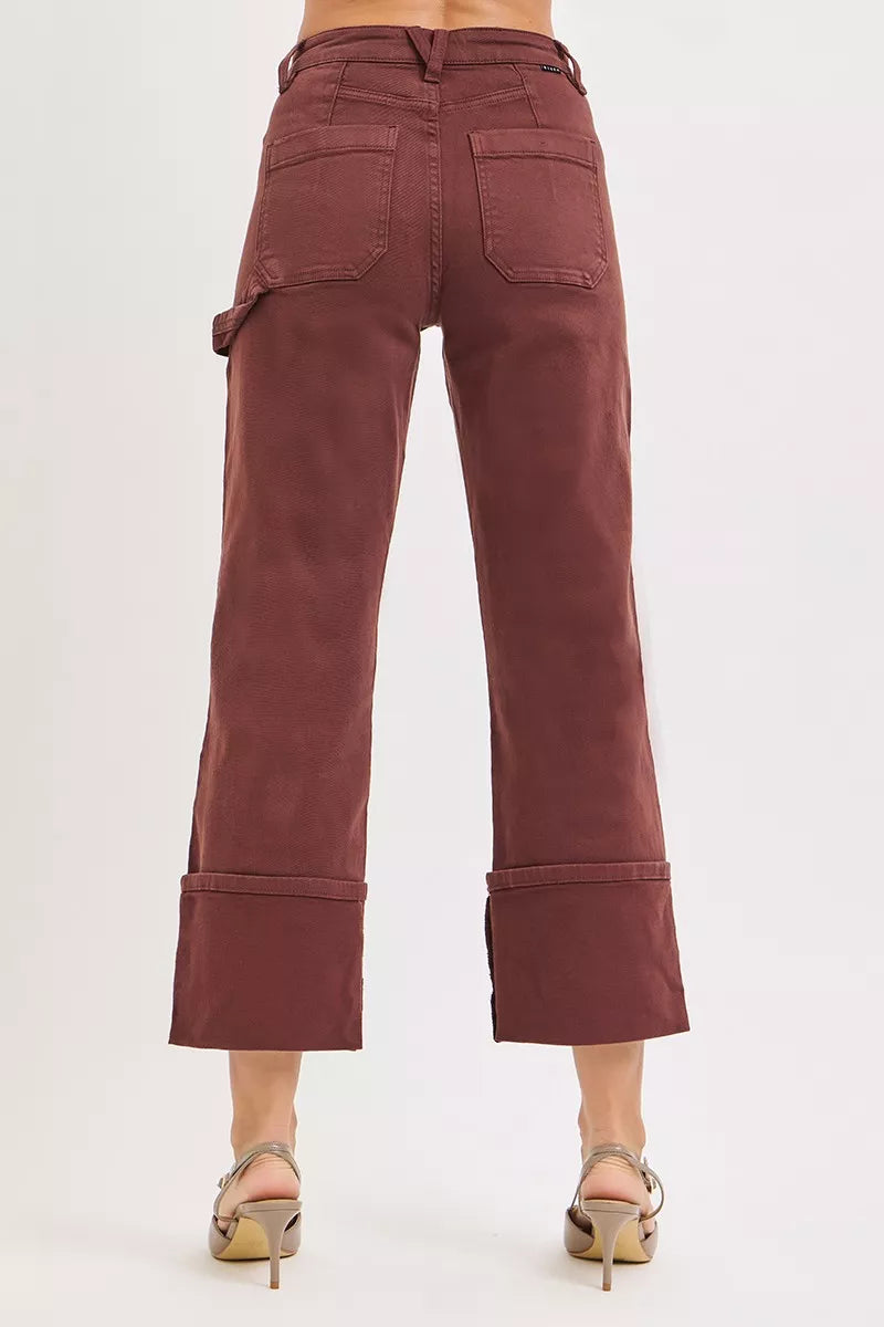 Schokobraune High-Rise Wide-Straight Jeans mit Gesäßtaschen und umgeschlagenen Säumen