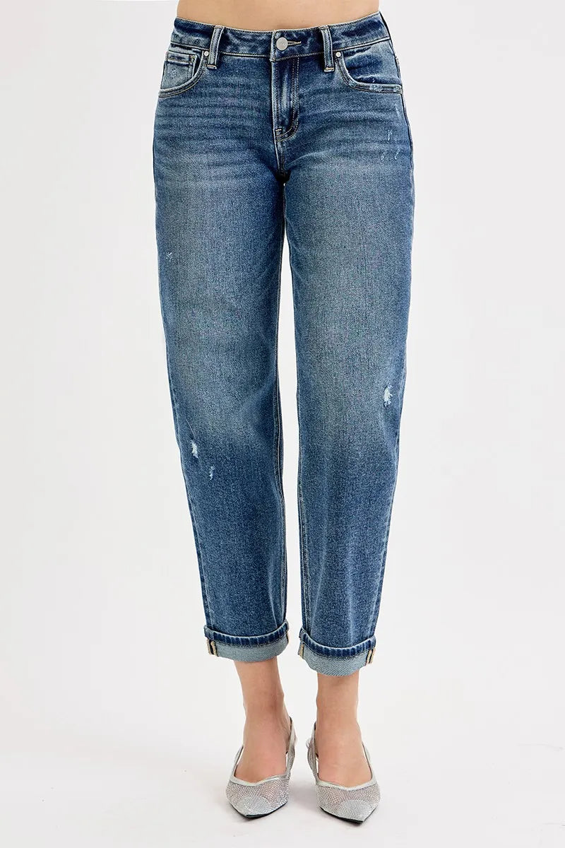 Low-rise boyfriend crop jeans, dark blue wash, back view with belt loops and pockets
