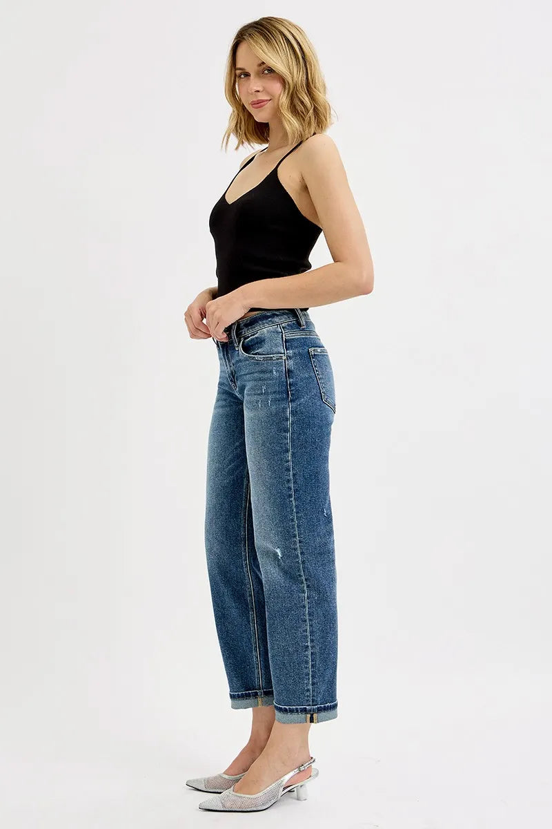 Boyfriend crop jeans, low-rise waist, dark blue wash, straight relaxed fit with cuffed hem