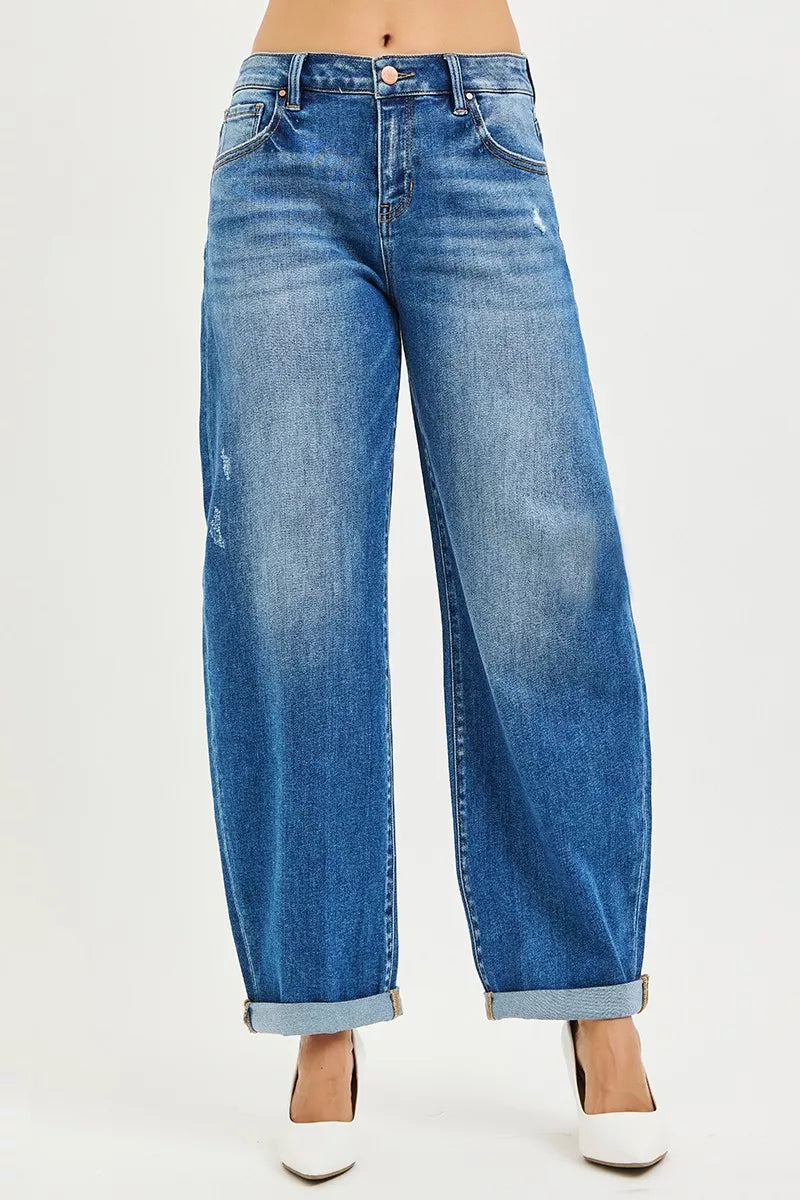 Dark mid-rise barrel jeans with double roll-up hem, button fly, plus size