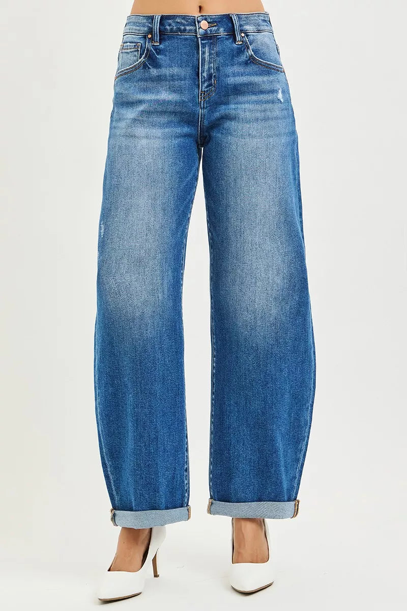 Dark denim mid-rise barrel jeans, double roll-up cuffs, back patch pockets