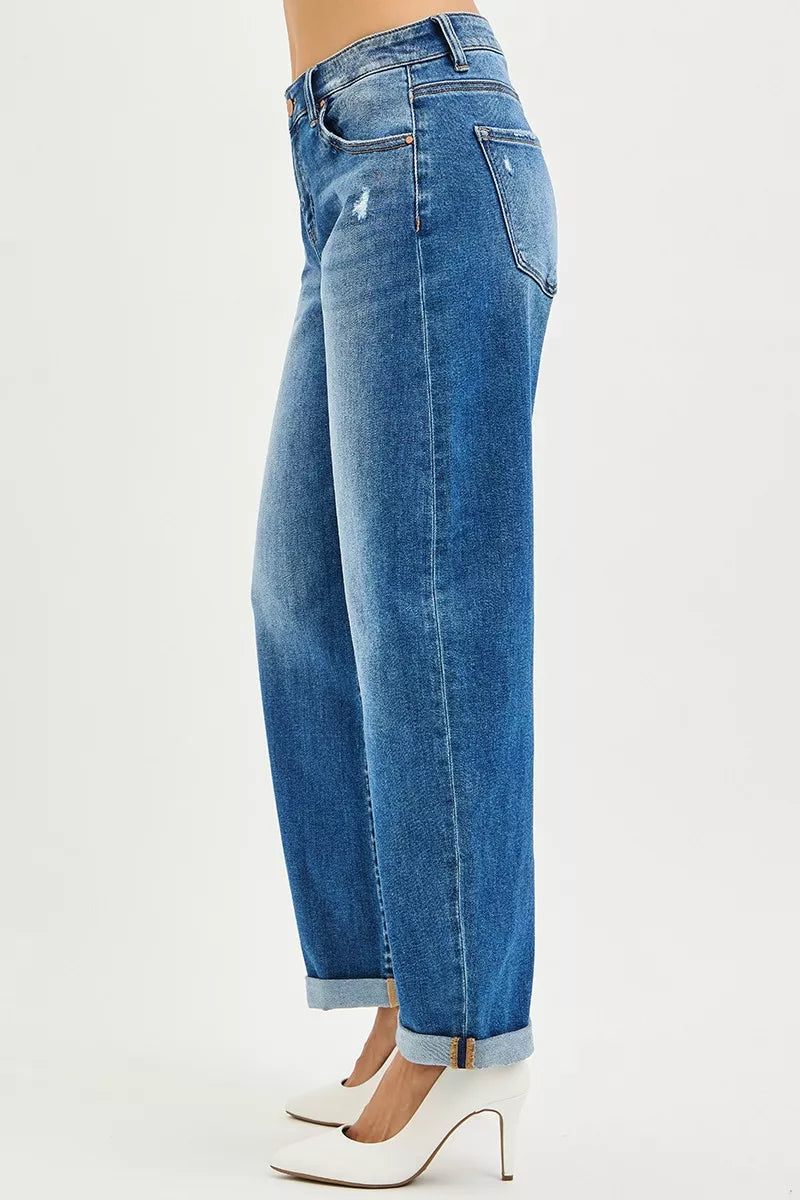 Dark mid-rise barrel jeans, side view, double roll-up hem, belt loops