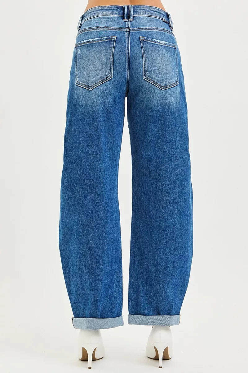 Dark barrel jeans with mid-rise waist, double roll-up cuffs, back pockets