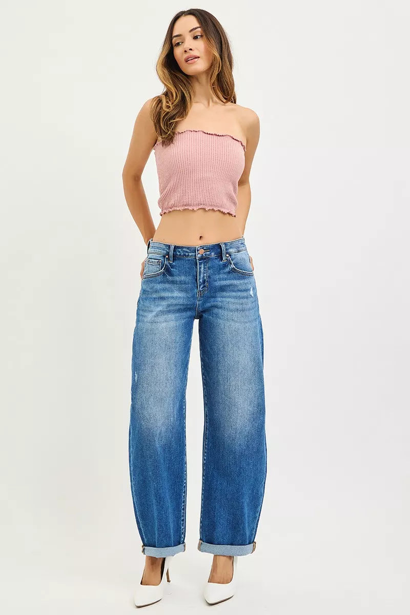 Dark barrel jeans with double roll-up hem and mid-rise waist, plus size