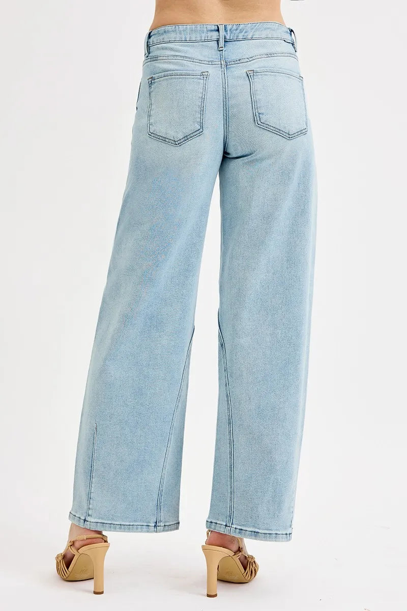Light-wash barrel jeans back view, patch pockets and relaxed leg (plus size)