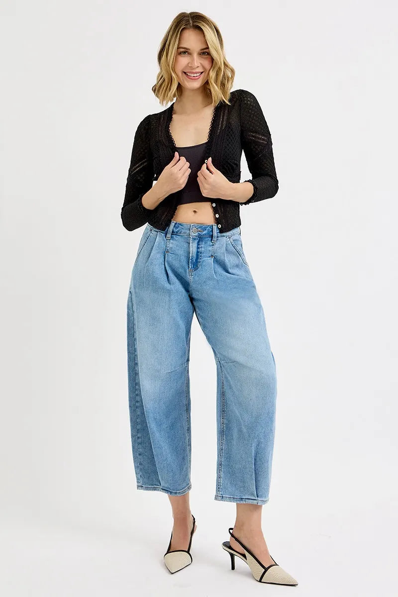 Trendsi medium-wash mid-rise crop wide-leg jeans with button waistband and relaxed fit