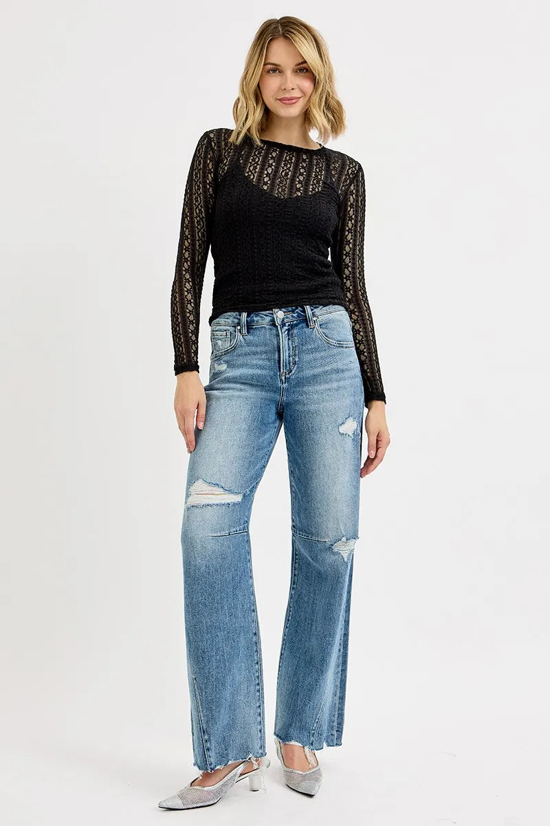 Trendsi medium wash wide-leg jeans with mid-rise fit, torn accents, and raw frayed hem
